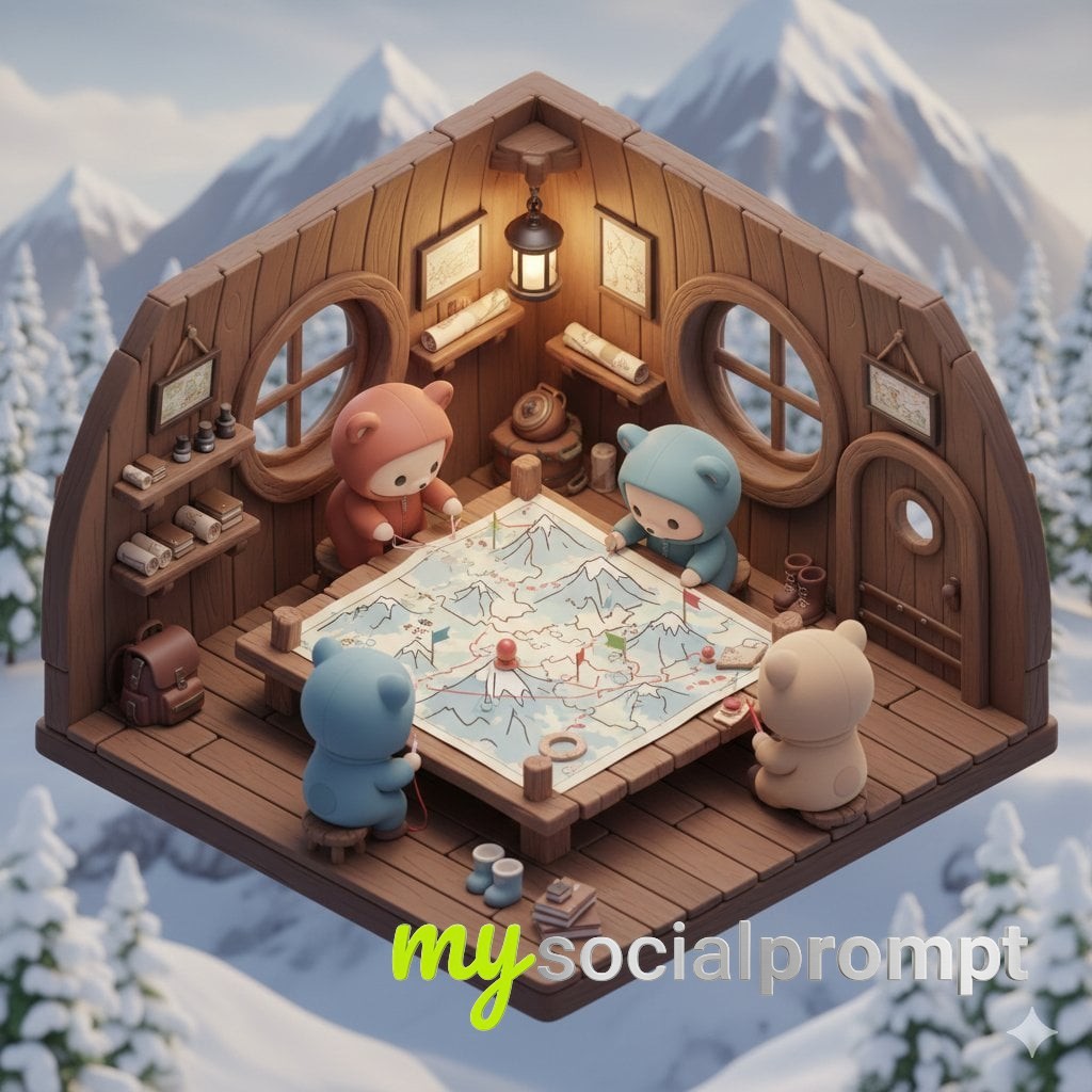 nanobanana prompt: Isometric Kawaii Bear Explorers Designing a Snow Map