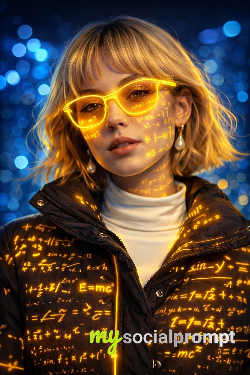 nanobanana prompt: Cyber-Aesthetic Portrait with Neon Glow & Mathematical Projections