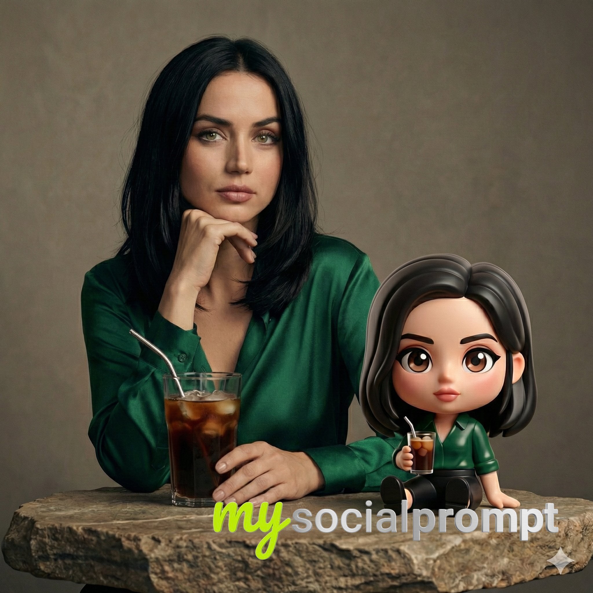 nanobanana prompt: Cinematic Studio Portrait of Ana de Armas with Chibi Cold Brew - AI Prompt Image 2