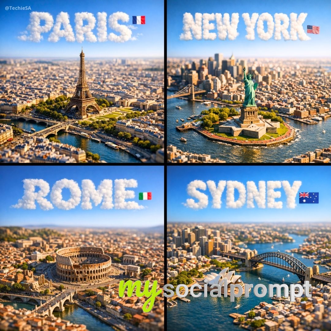 nanobanana prompt: Cinematic tilt-shift miniature of a famous landmark city diorama
