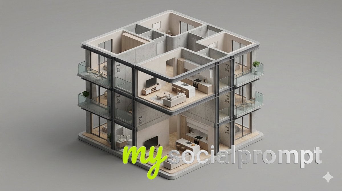 nanobanana prompt: Isometric Minimalist Building Diorama – Architectural Cutaway Model
