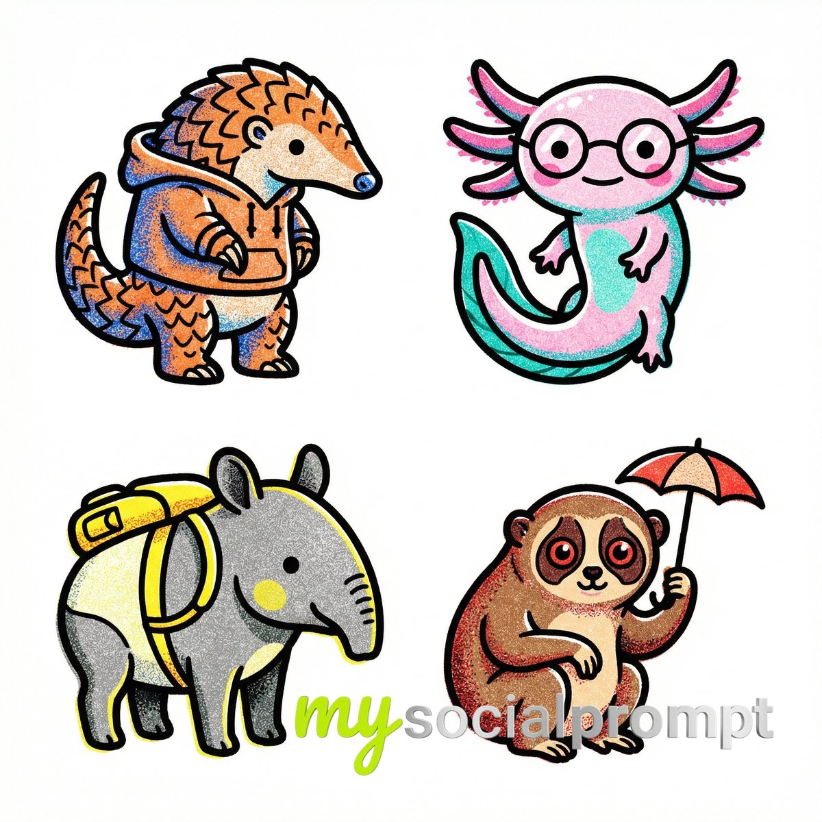 nanobanana prompt: Risograph Icon Set with Stochastic Stippling in 2x2 Grid