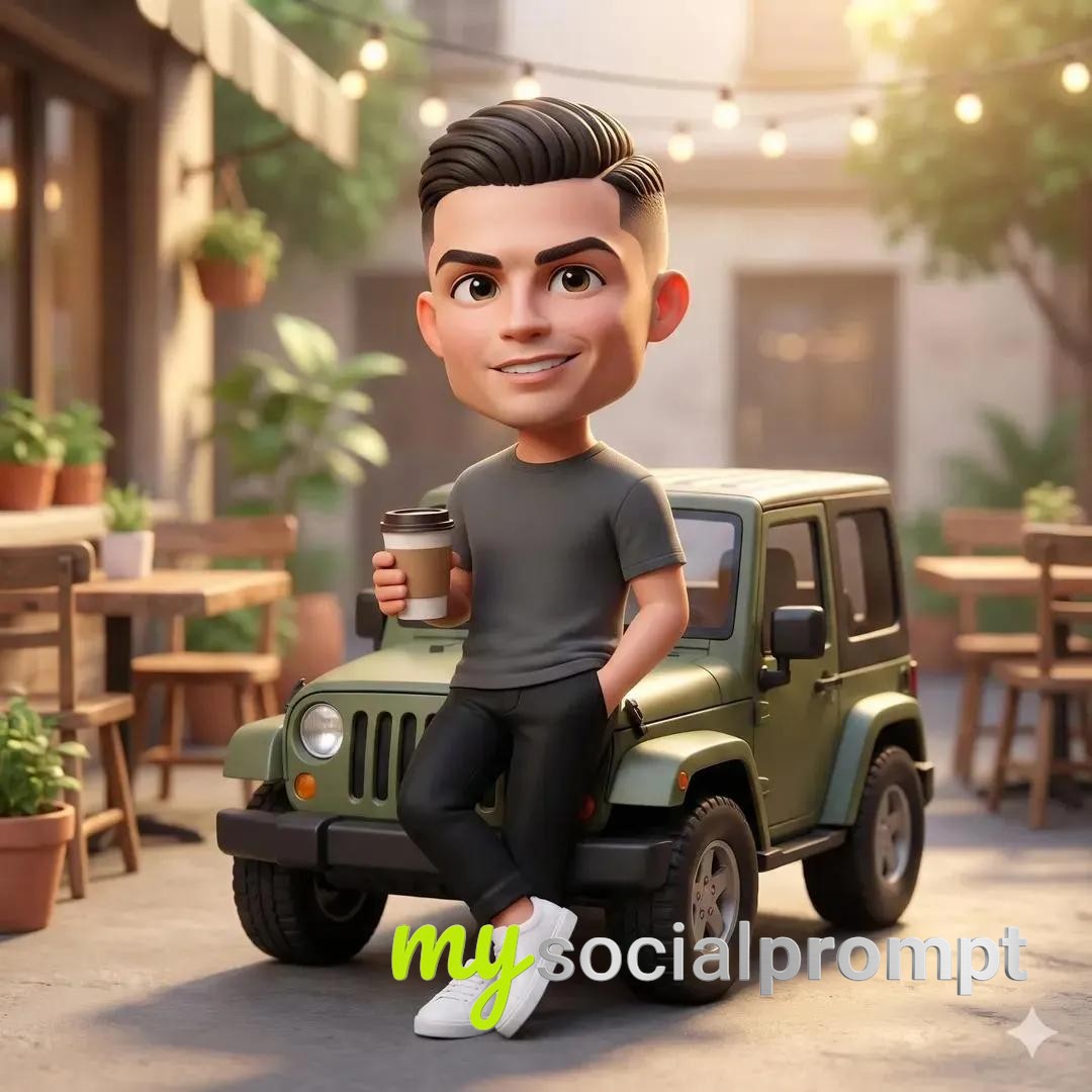 nanobanana prompt: Pixar-Style 3D Chibi Character in Cinematic Golden-Hour Café Scene