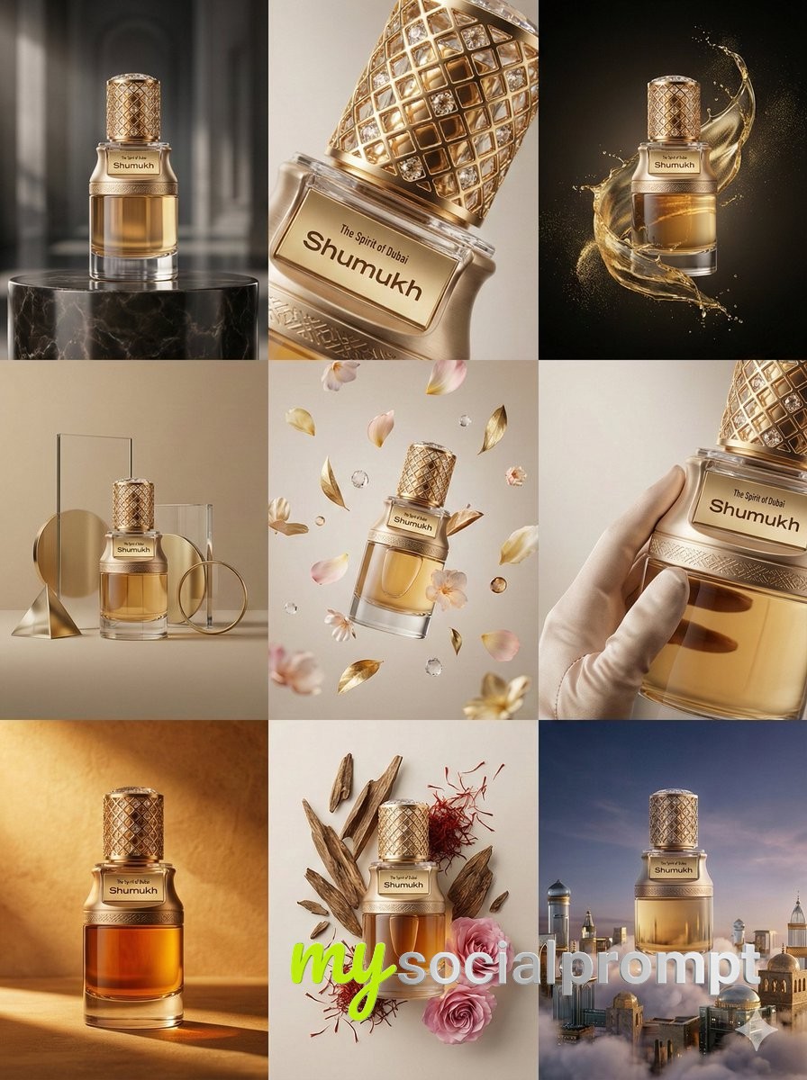nanobanana prompt: Luxury Product Grid with Cinematic Lighting & Surreal Elegance