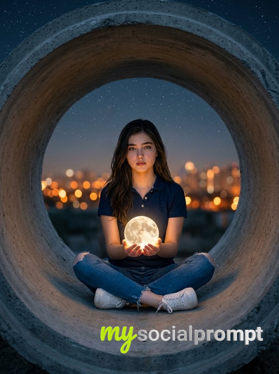 nanobanana prompt: Surreal Hyper-Realistic Portrait of Woman Holding Miniature Moon in Concrete Pipe