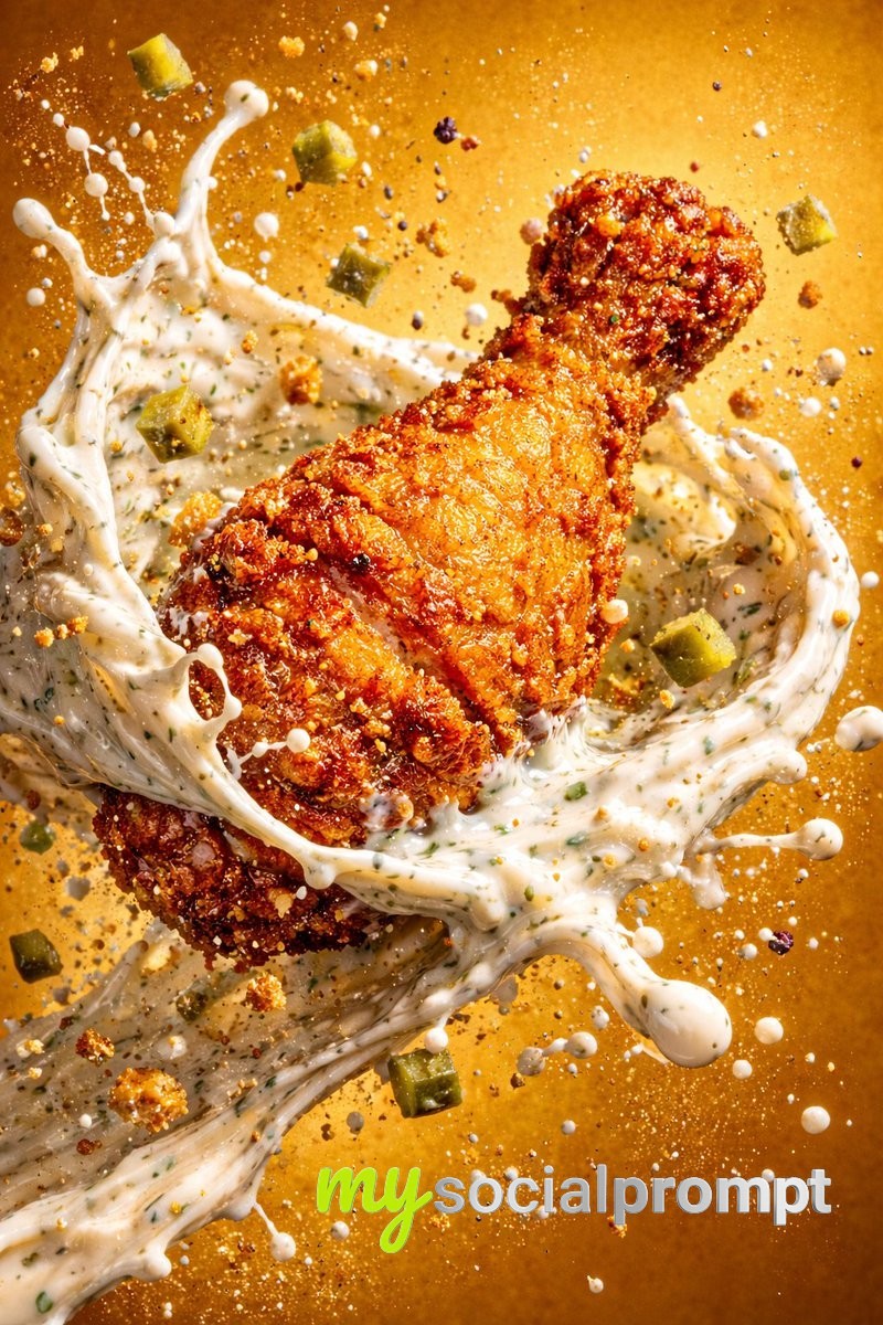 nanobanana prompt: Epic Cinematic Fantasy Food Scene: Colossal Crispy Chicken Leg Rising from Molten Creamy Sauce 2
