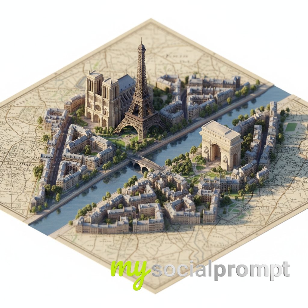 nanobanana prompt: Isometric Diorama Map with Cinematic Lighting & Vintage Cartography