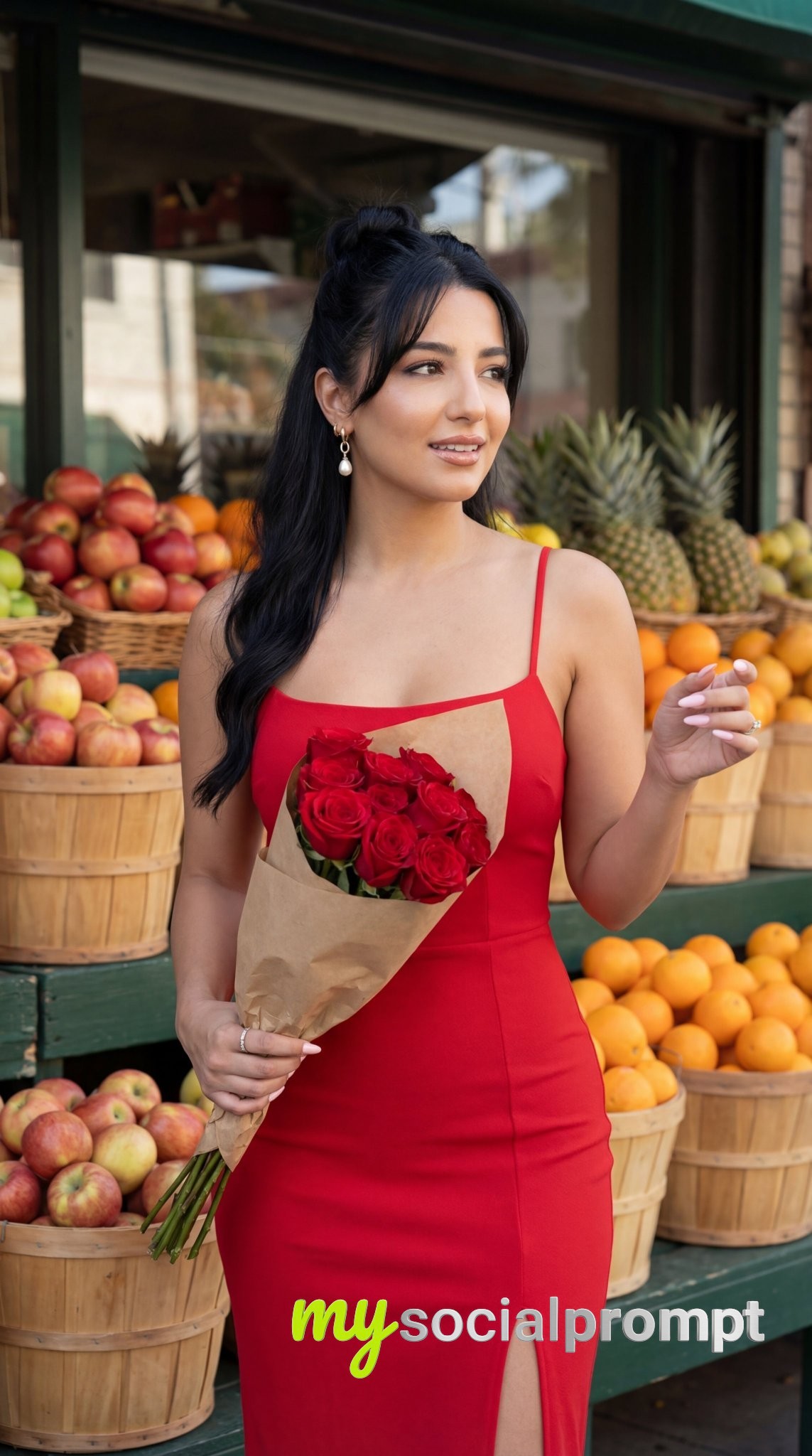nanobanana prompt: Fashion Editorial Portrait with Face Swap in European Fruit Market 2