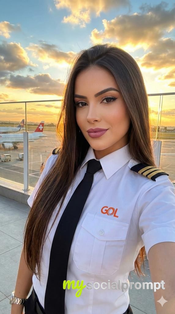 nanobanana prompt: Golden Hour Selfie of Confident Airline Pilot