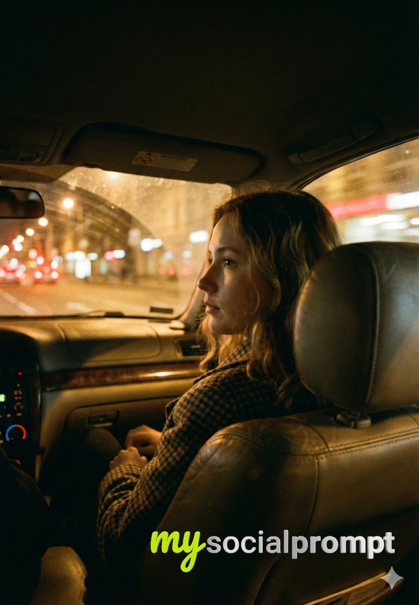 nanobanana prompt: Cinematic Night Car Interior Portrait with 35mm Film Aesthetic