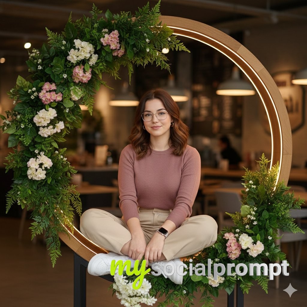 nanobanana prompt: Ultra-Realistic Lifestyle Portrait with LED Rim Lighting in Café Setting