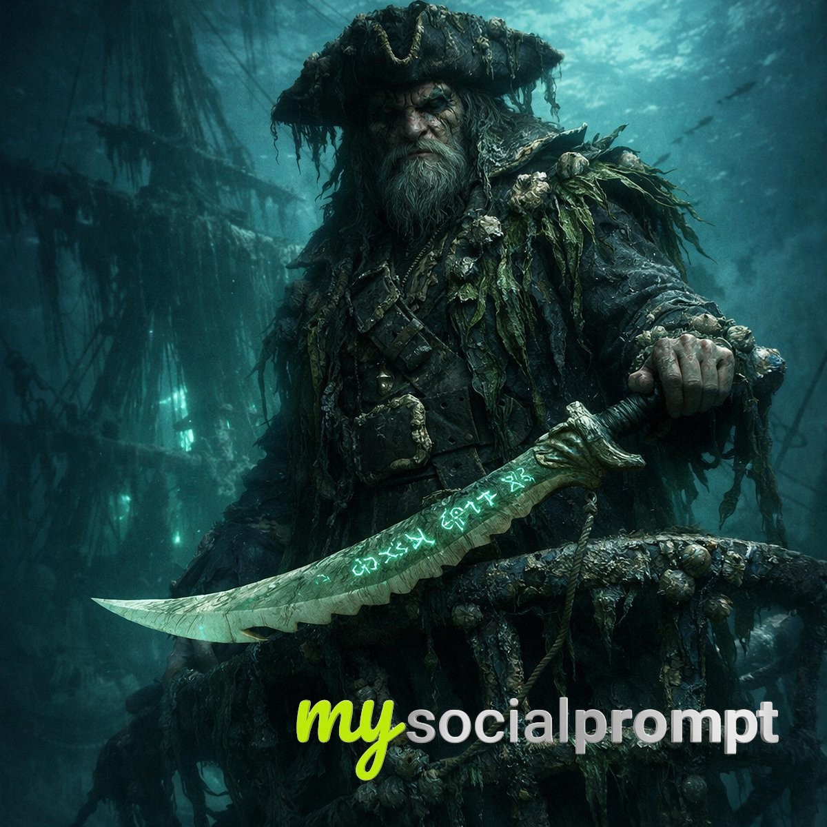 nanobanana prompt: The Ghost of Gilded Currents – Ethereal Pirate Portrait