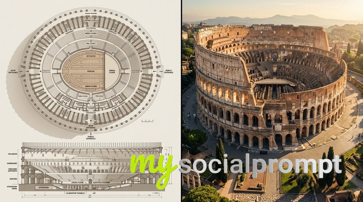 nanobanana prompt: Architectural Blueprint vs. Aerial Photography in Split Composition