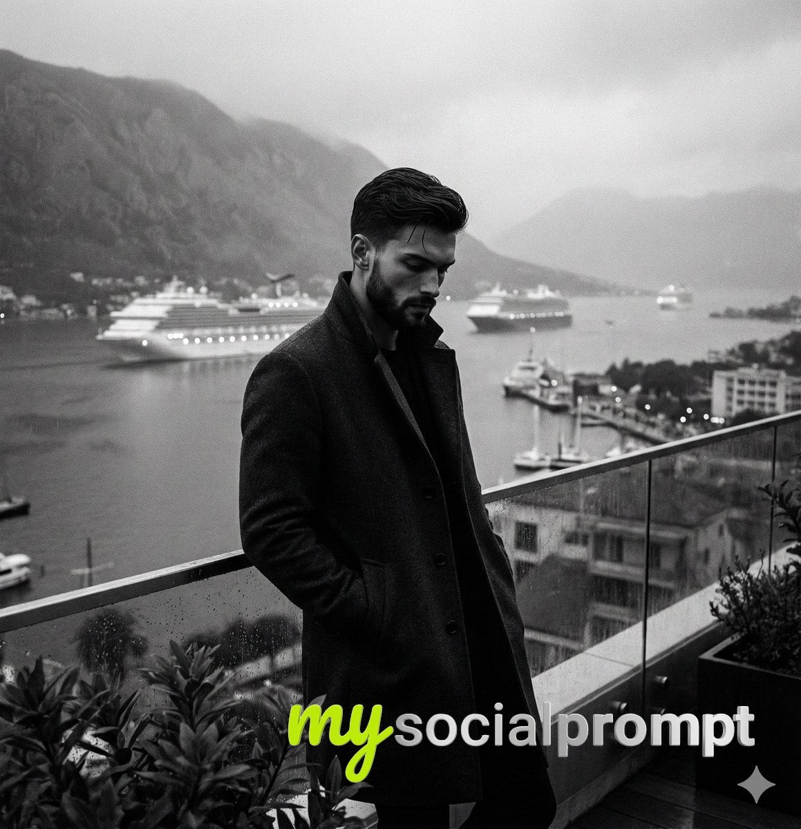 nanobanana prompt: Monochromatic Noir Portrait with Misty Bay and Cruise Ships