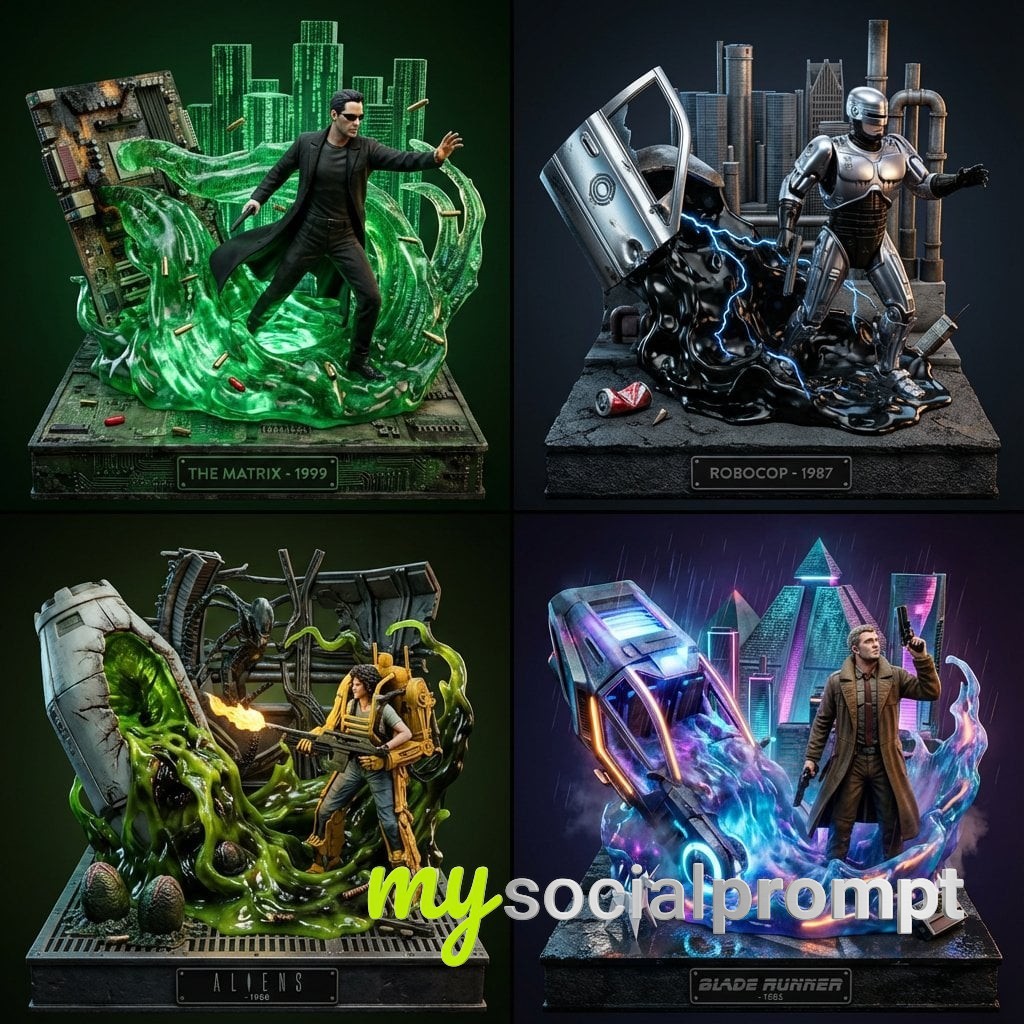 nanobanana prompt: Terminator-Inspired 3D Collectible Art Grid
