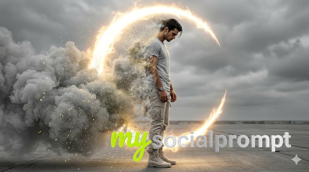 nanobanana prompt: Cinematic 8K Portrait of a Man Dissolving into Luminous Smoke with Golden Aura