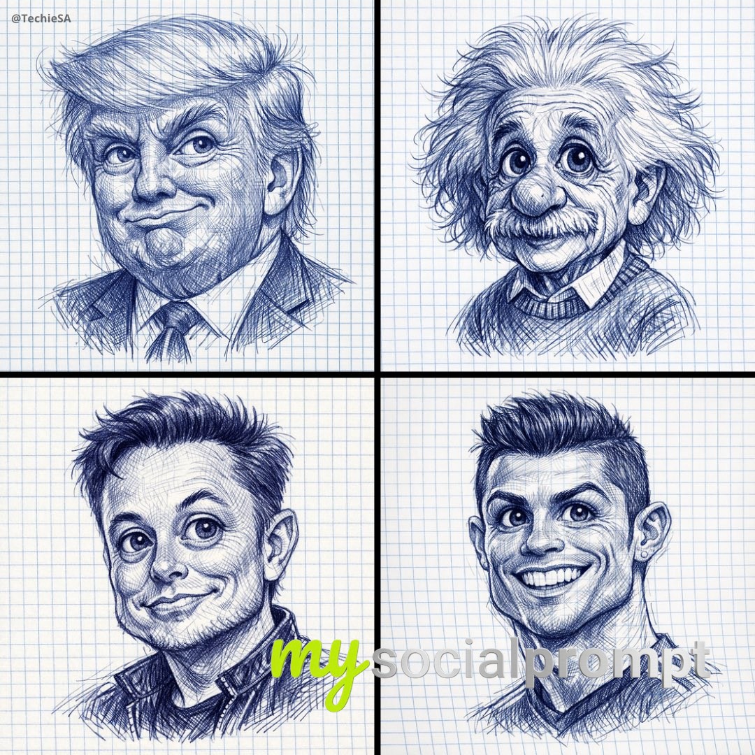 nanobanana prompt: Expressive Ballpoint Caricature on Checkered Paper