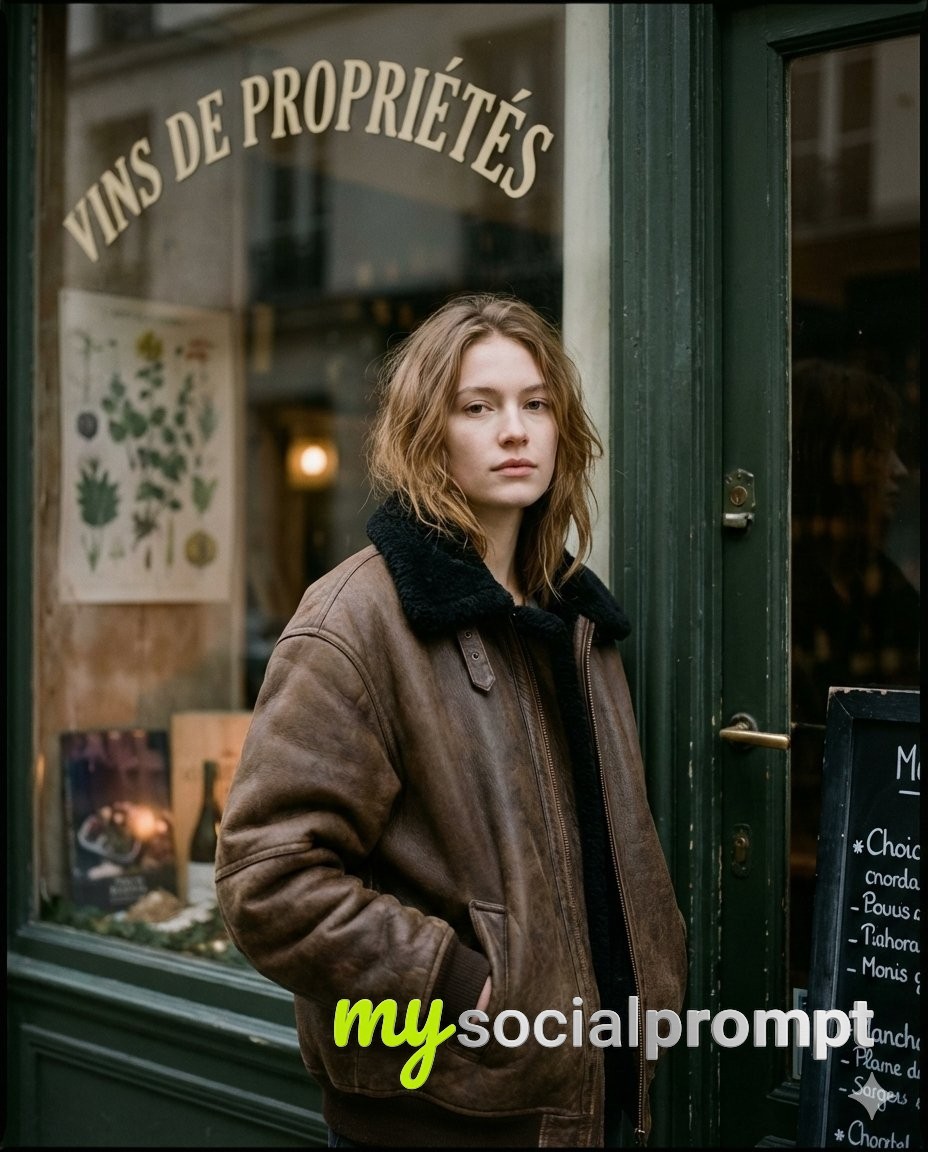 nanobanana prompt: Moody Paris Street Editorial with Cinematic Film-Scan Aesthetic