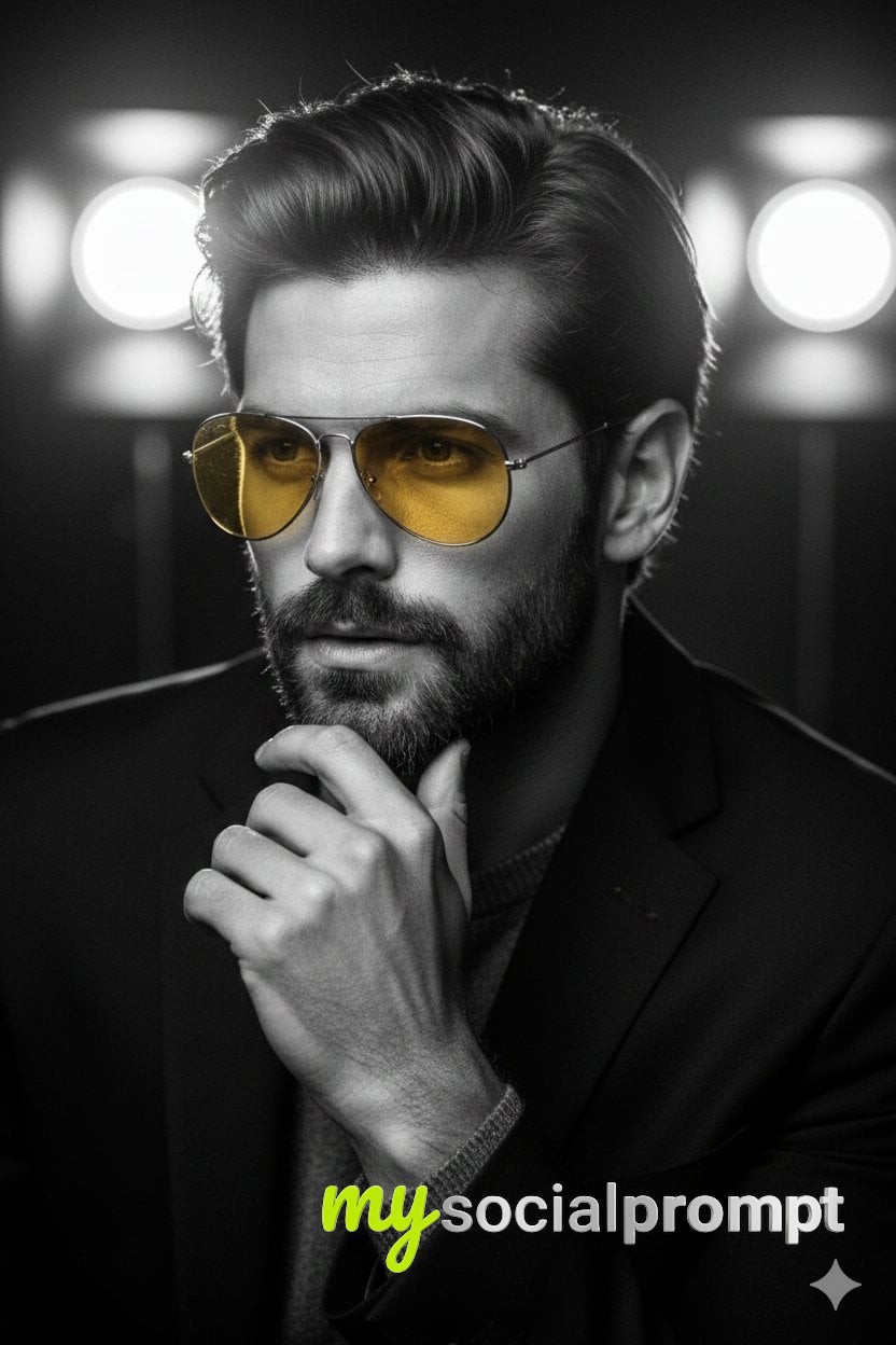 nanobanana prompt: Film-Noir Portrait with Selective Color on Amber Aviators