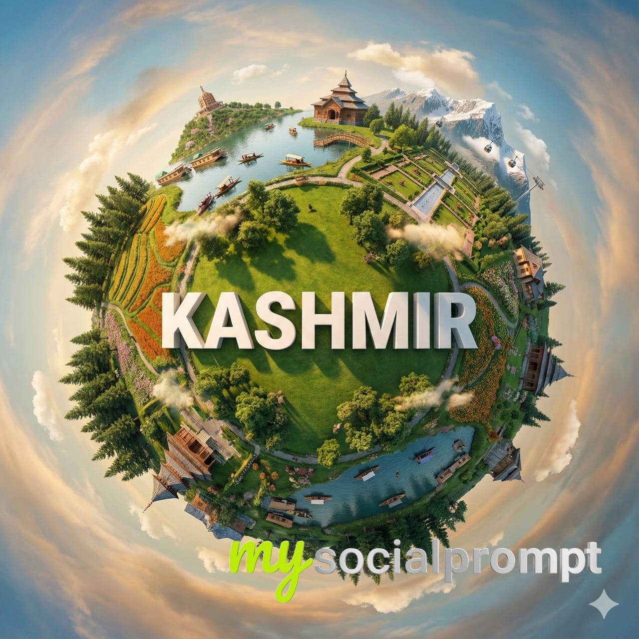 nanobanana prompt: Hyper-realistic Miniature Planet of Kashmir with Cinematic Golden Hour Lighting