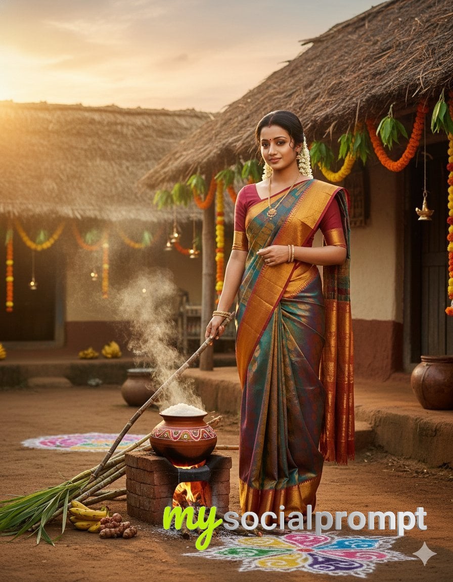 nanobanana prompt: Cinematic South Indian Thaipongal Portrait – Authentic Rural Tamil Aesthetic