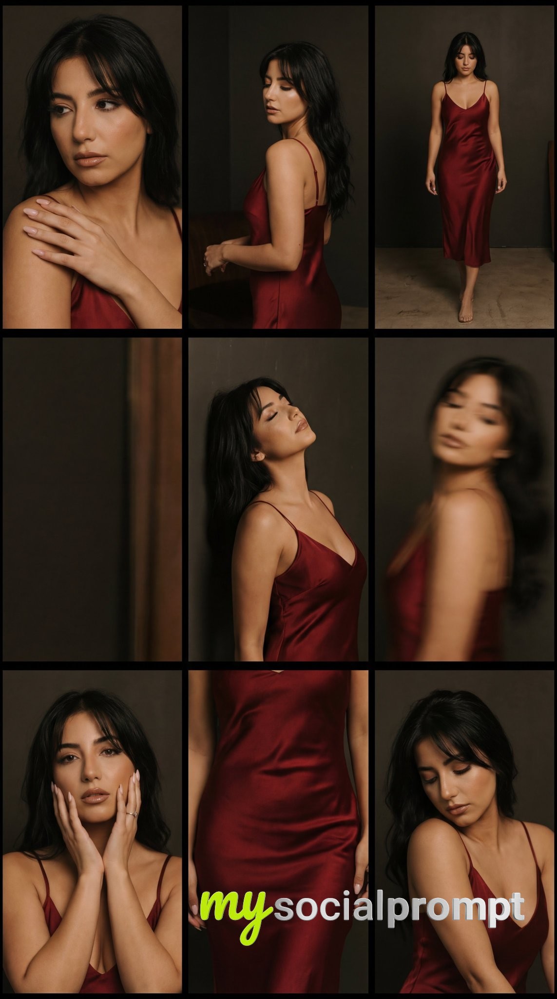 nanobanana prompt: Cinematic Fashion Editorial with Deep Red Satin Dress