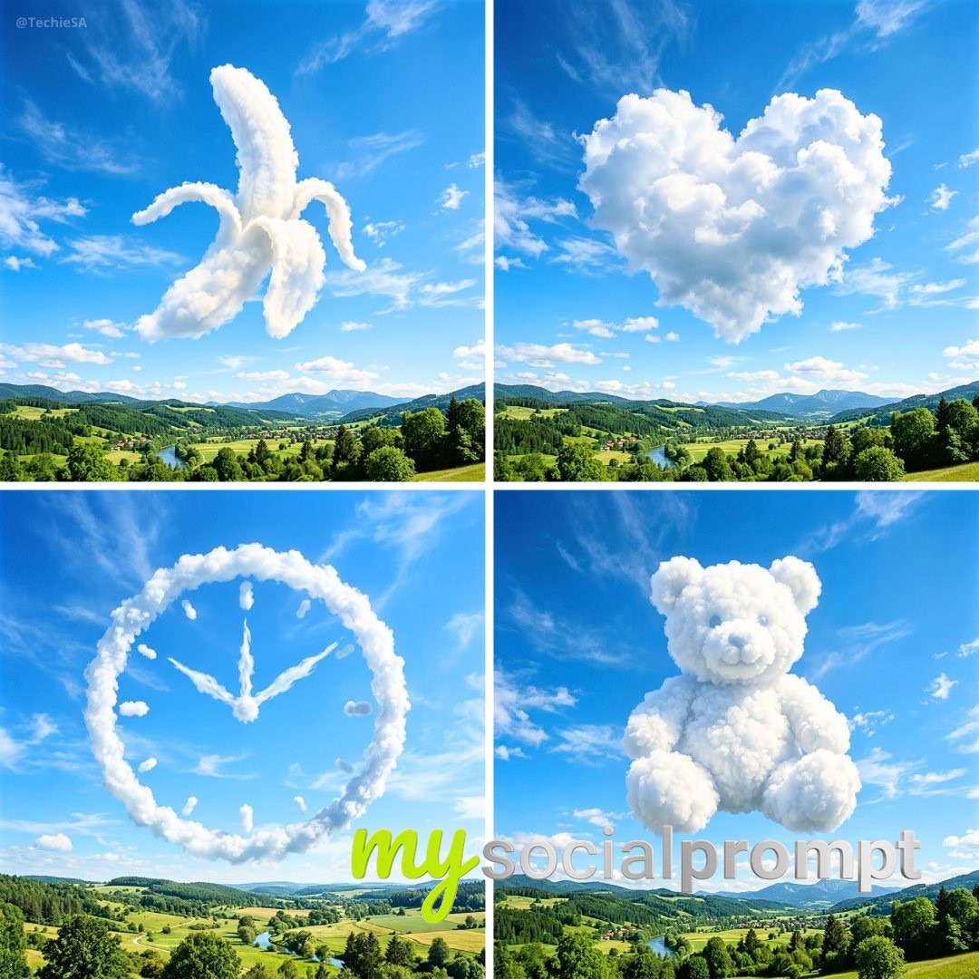 nanobanana prompt: Cloud Sculpture in Vibrant Blue Sky – Natural Object Silhouette Forms with Cinematic Lighting