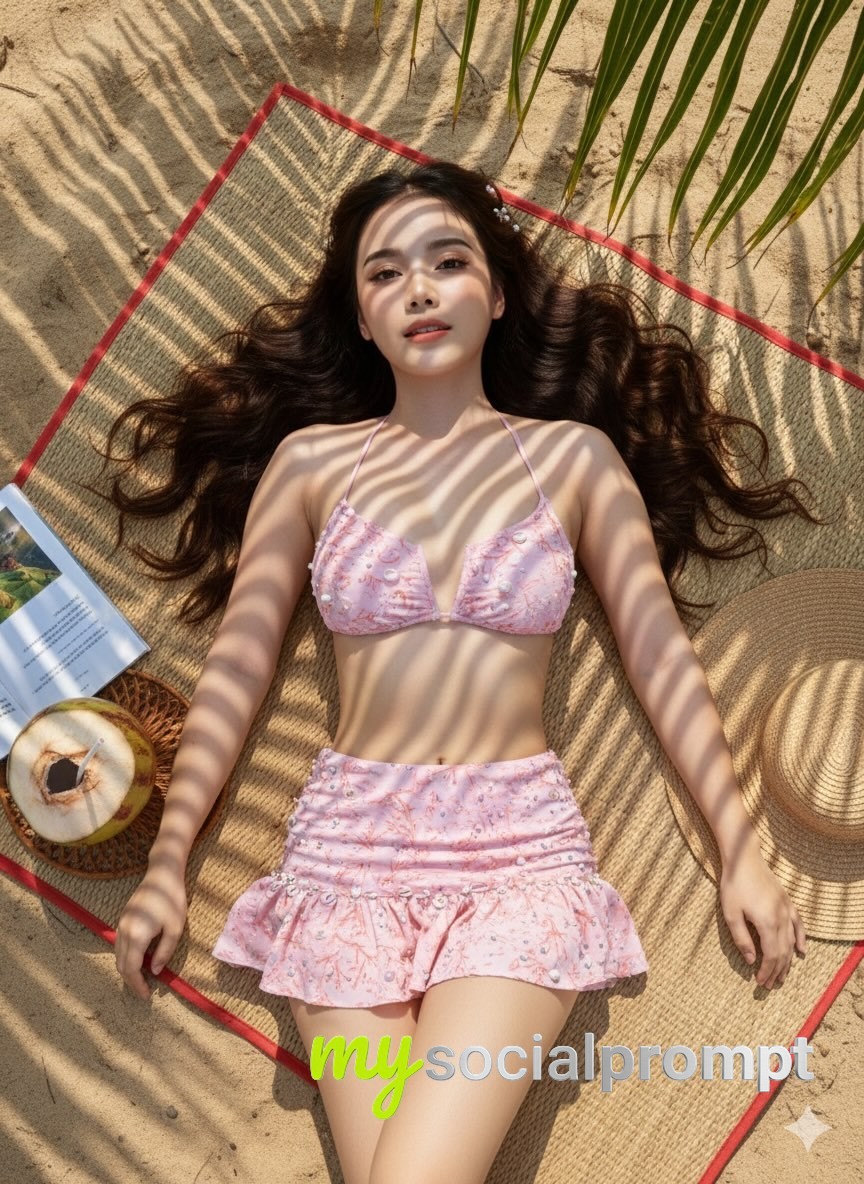 nanobanana prompt: Editorial Flat-Lay Portrait with Dappled Tropical Lighting