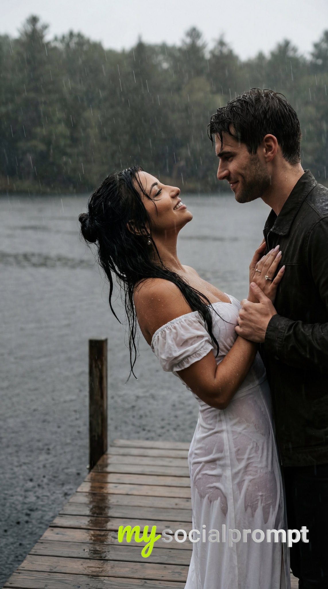 nanobanana prompt: Cinematic Rain-Soaked Couple on Lakeside Dock