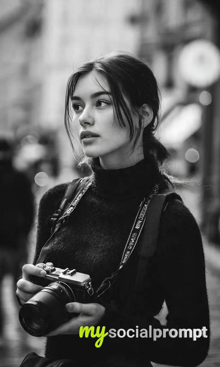 nanobanana prompt: Cinematic B&W Street Portrait: Woman Photographer with Mirrorless Camera