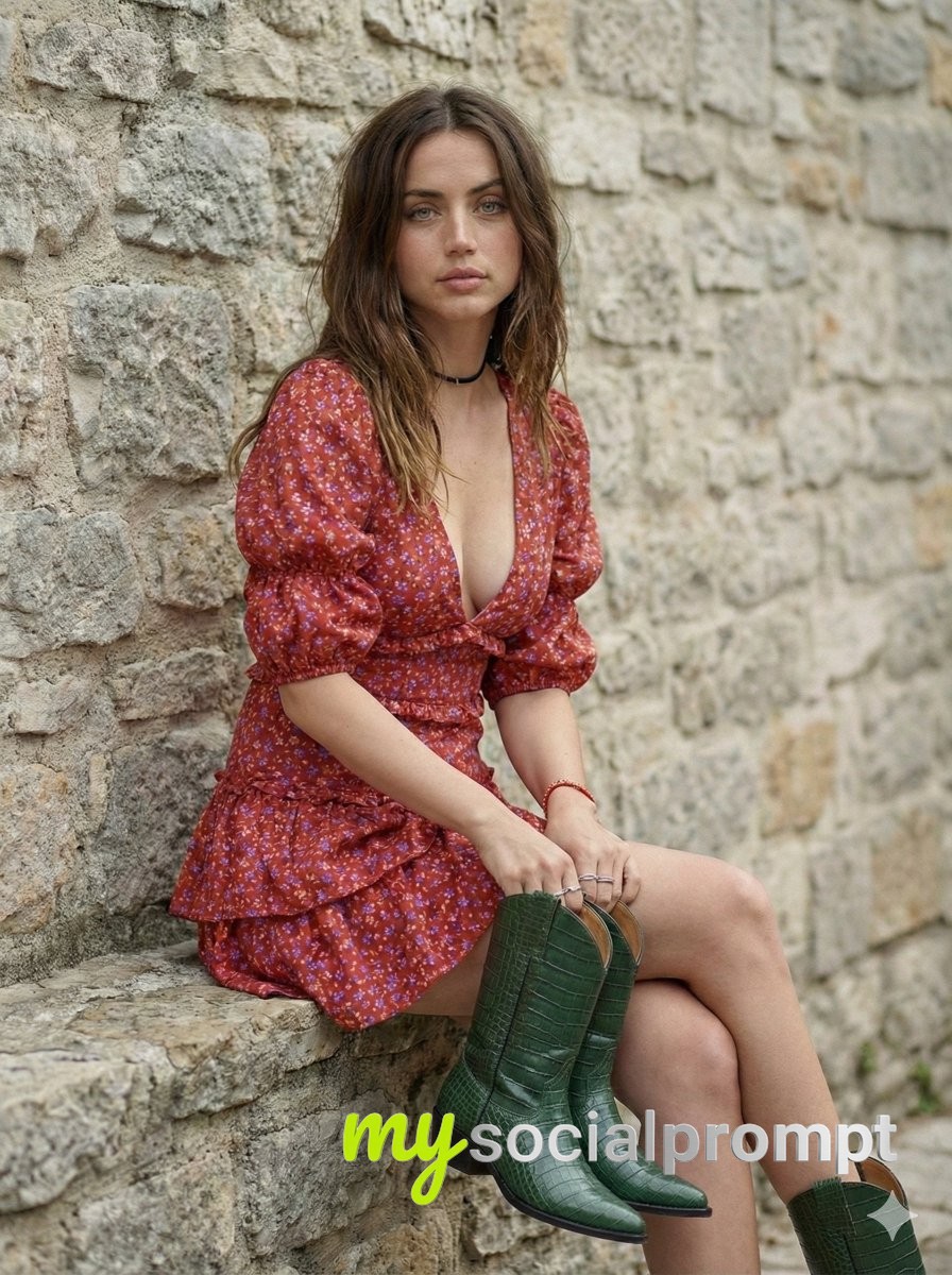 nanobanana prompt: Cinematic Portrait of Ana de Armas in Bohemian Floral Dress
