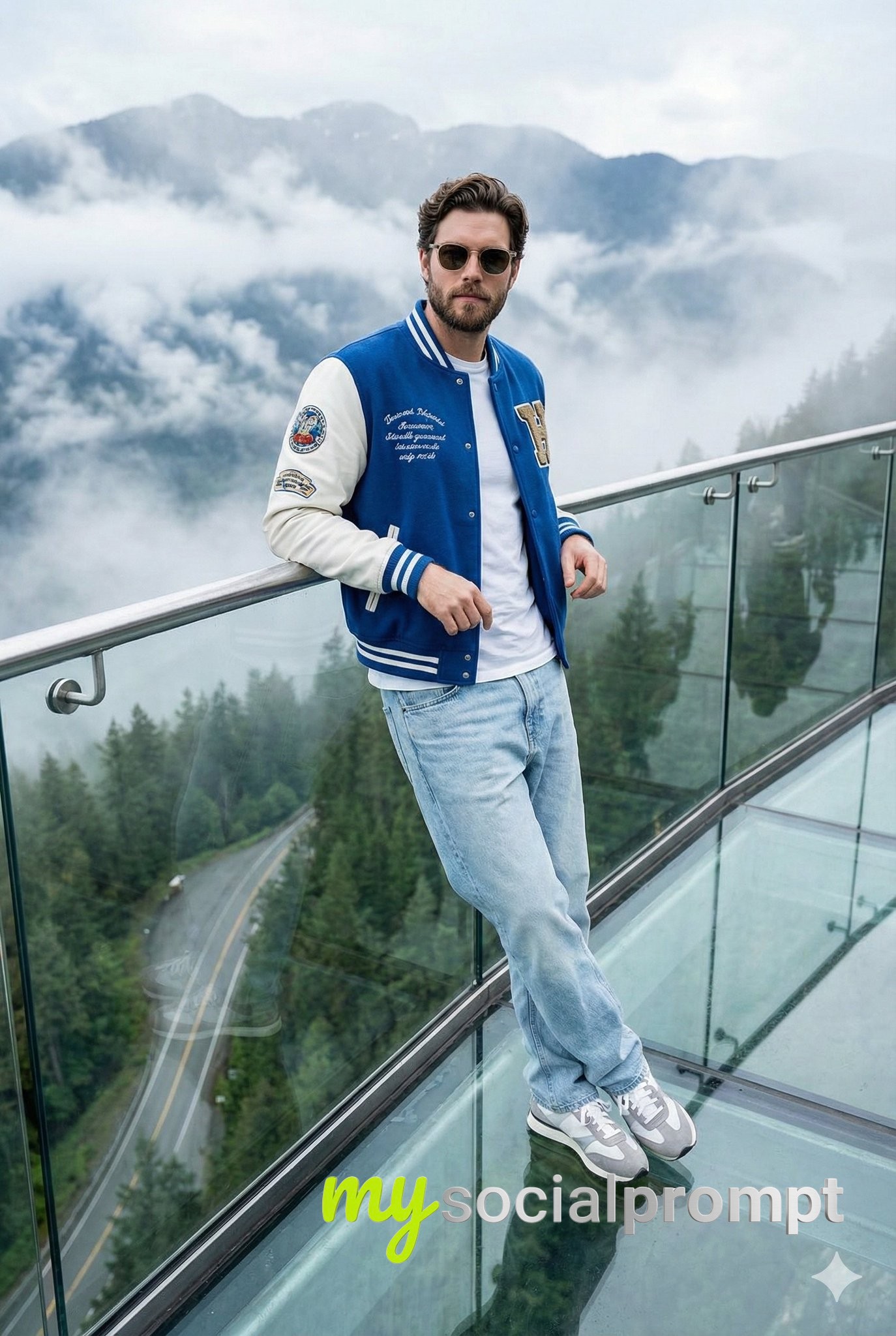 nanobanana prompt: Cinematic Portrait on Misty Mountain Skywalk