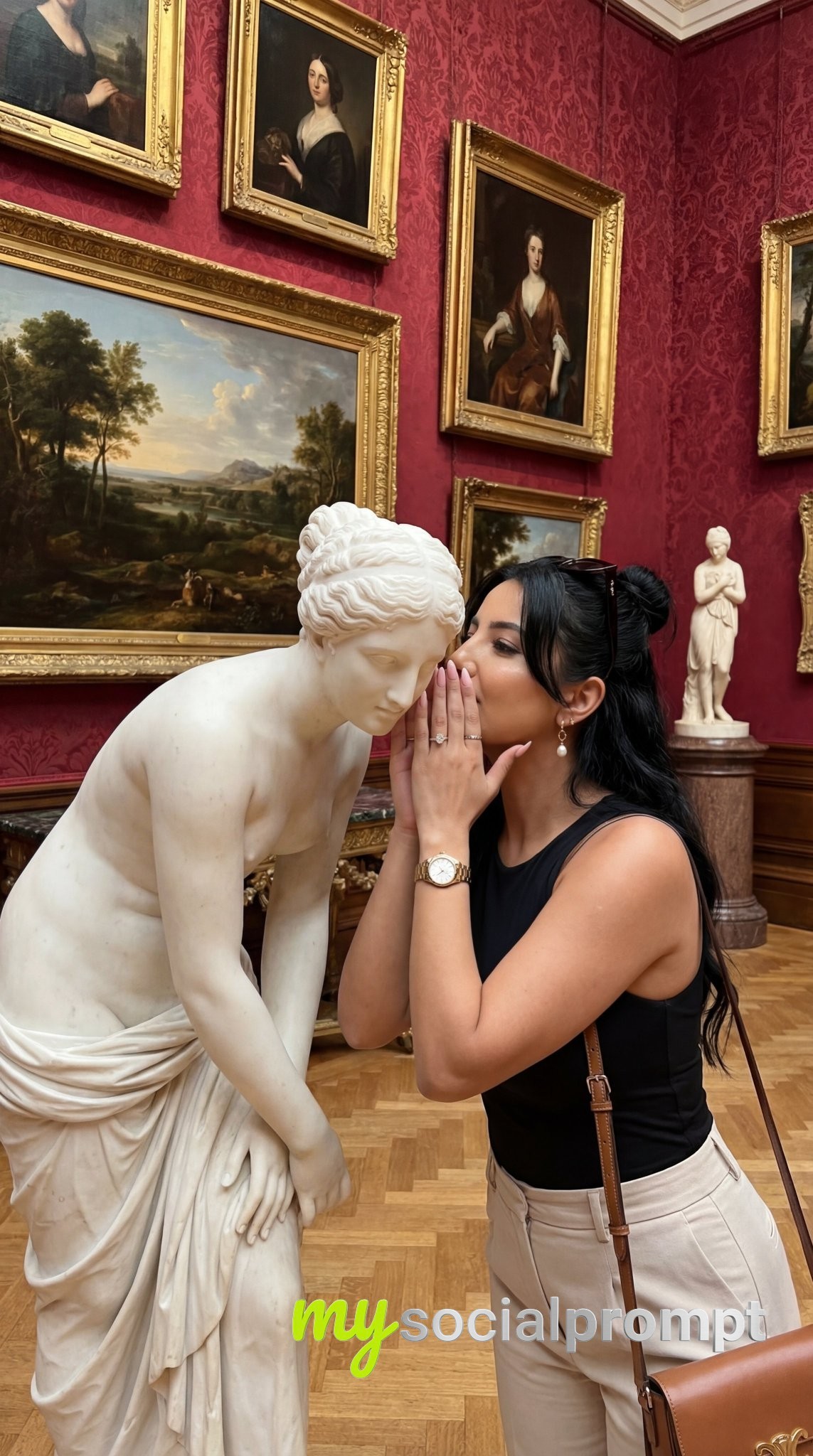 nanobanana prompt: Museum Gallery Scene with Photorealistic Statue Interaction