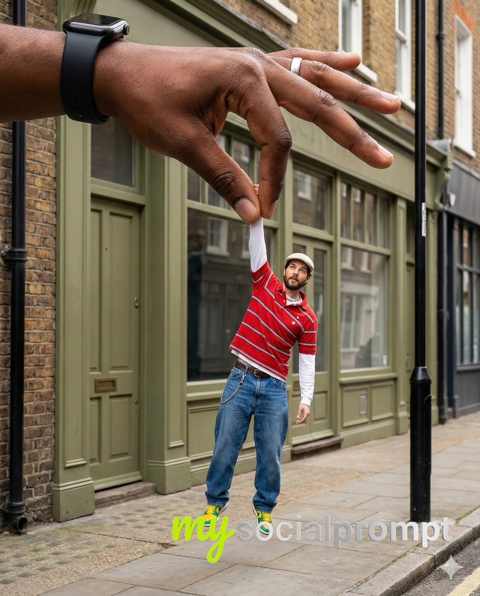 nanobanana prompt: Surreal Forced-Perspective Street Photography with Giant Hand Illusion