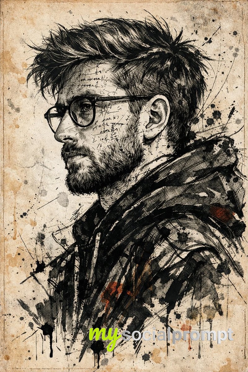 nanobanana prompt: Expressive Ink Sketch Portrait with Cryptic Text and Mixed Media