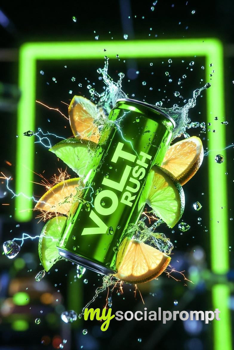 nanobanana prompt: Cinematic Neon Energy Drink Product Photography