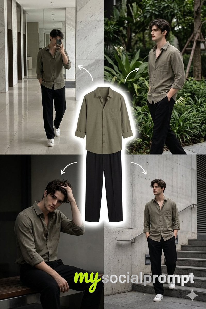 nanobanana prompt: Minimalist Fashion Collage: Olive & Black Aesthetic Lookbook