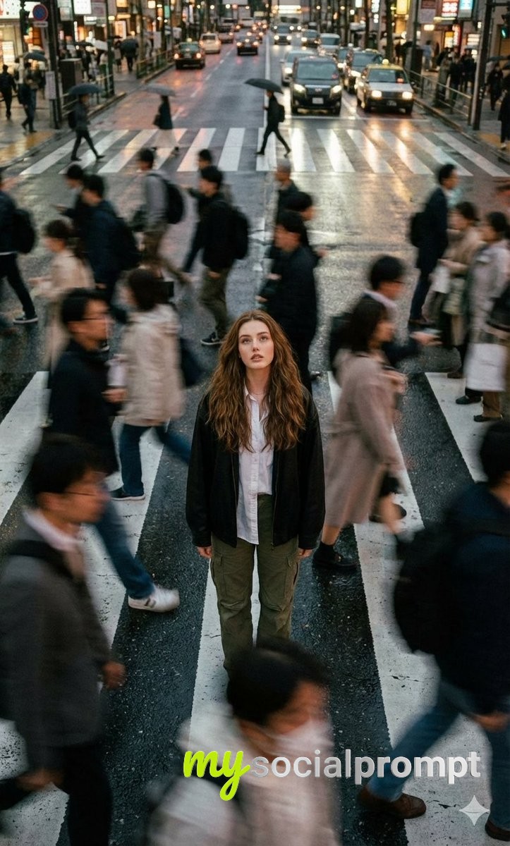 nanobanana prompt: Cinematic Street Portrait with Motion Blur and Moody Lighting