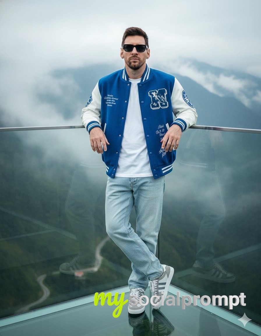 nanobanana prompt: Ultra-Realistic Cinematic Portrait of Leo Messi on a Misty Glass Skywalk