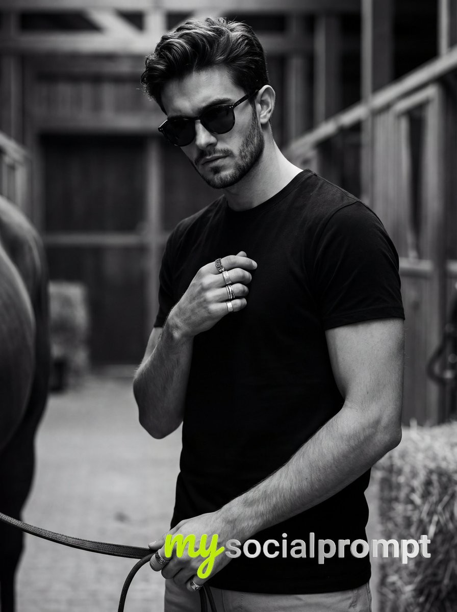 nanobanana prompt: Cinematic Noir Portrait with Equestrian Swagger & Controlled Dominance