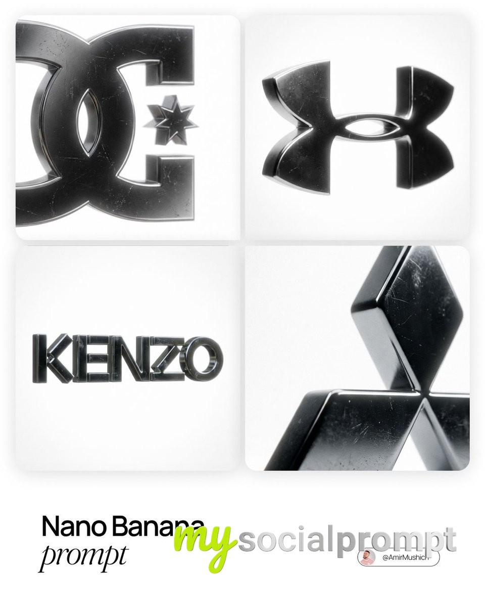 nanobanana prompt: 3D Chrome Logo in Cinematic White Void with Film Grain