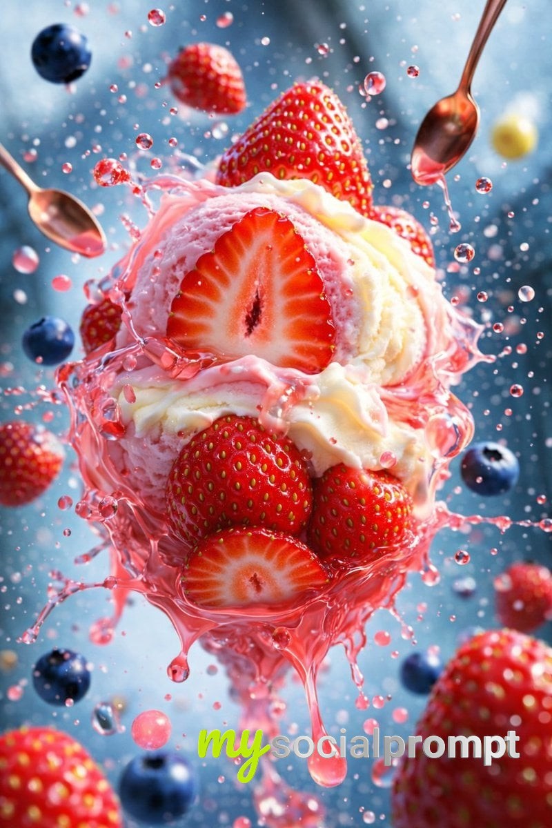 nanobanana prompt: Hyper-Realist Food Photography: Artisanal Ice Cream in Cinematic Splash 2