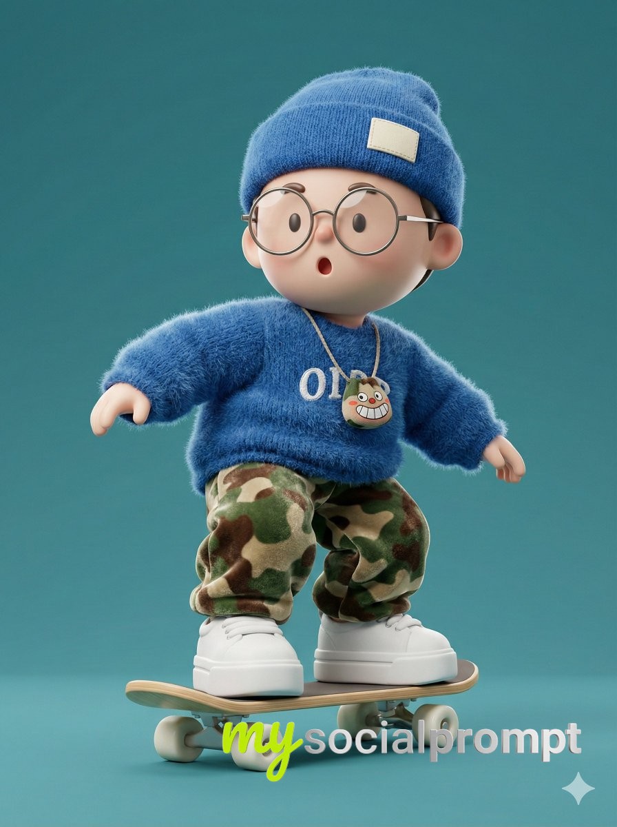 nanobanana prompt: Chibi Skateboarder in Hyper-Realistic Mohair & Velvet Textures