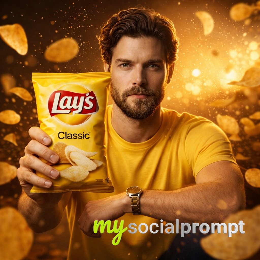 nanobanana prompt: Cinematic Ultra-Realistic Lay's Ad with Golden-Hour Lighting