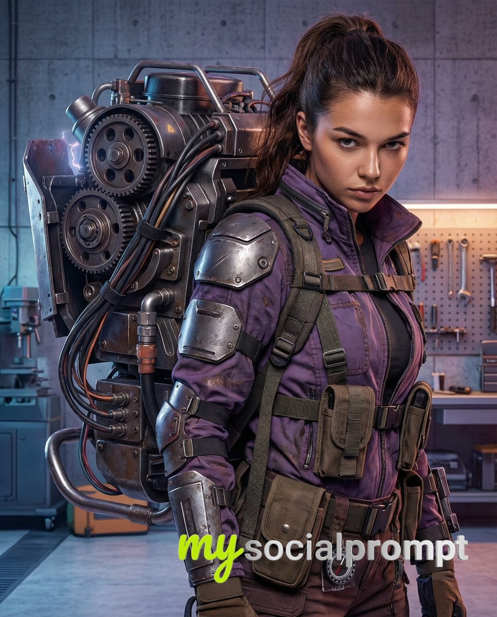 nanobanana prompt: Hyper-realistic cyberpunk mechanic portrait with massive industrial exosuit backpack in cinematic lighting.