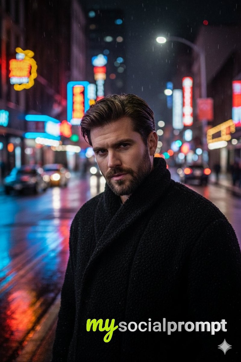 nanobanana prompt: Cinematic Nighttime Street Portrait with Neon Lighting
