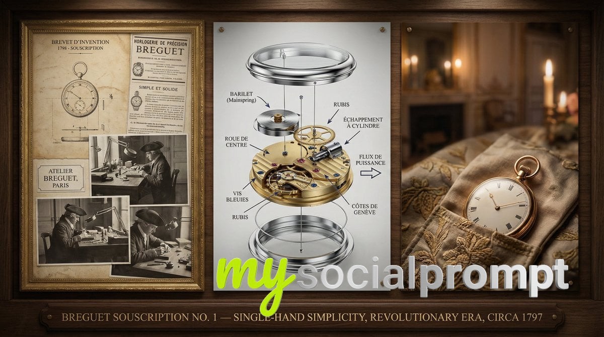 nanobanana prompt: Watchmaker Documentation Board — Sepia Patent to Chrome Precision 2