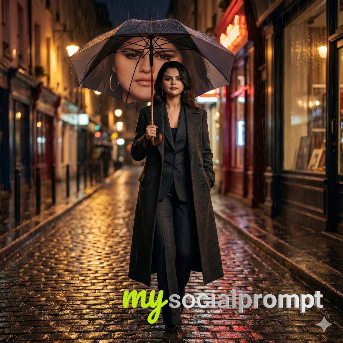 nanobanana prompt: Cinematic Noir Portrait in Rainy European Street 2
