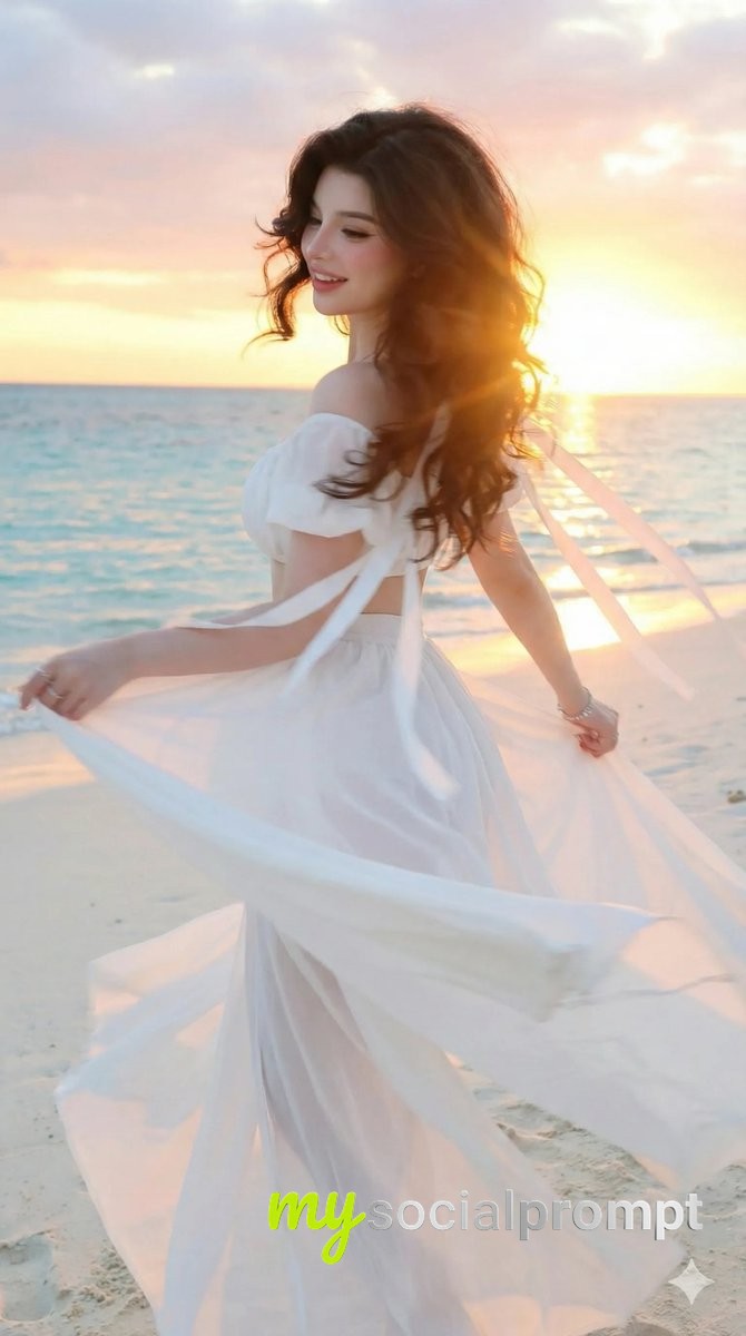 nanobanana prompt: Golden Hour Beach Goddess with Korean Glamour Aesthetics 4