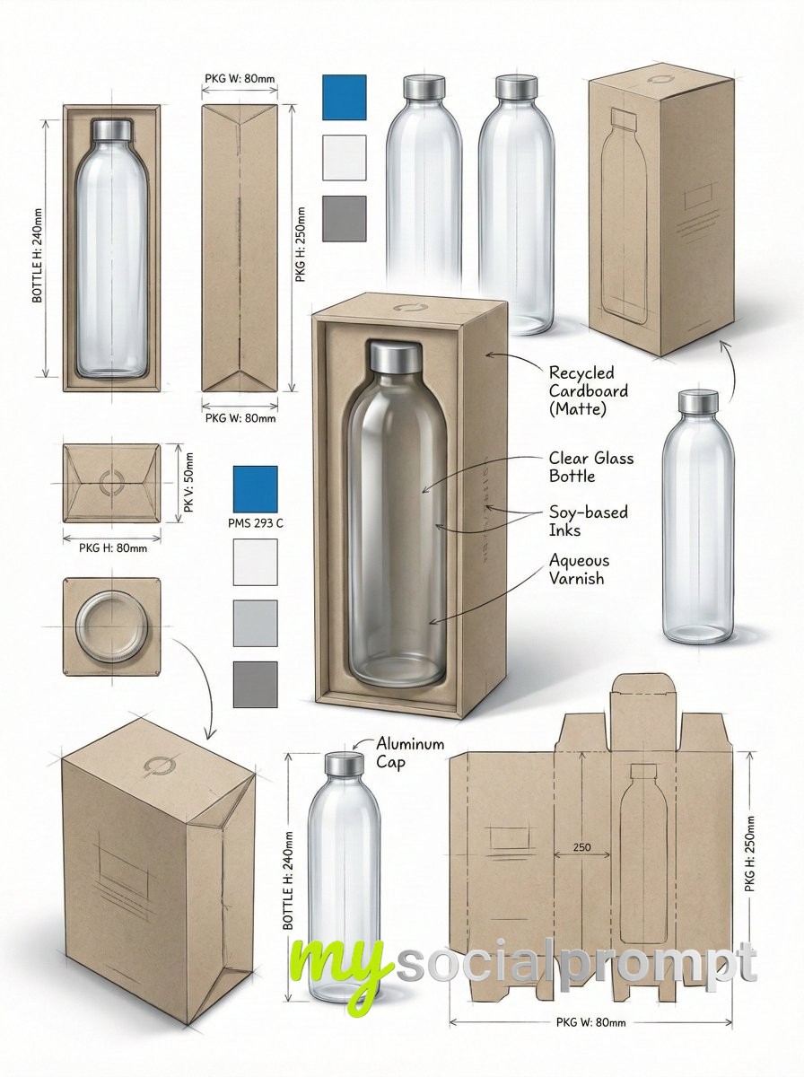 nanobanana prompt: Industrial Packaging Design with 3D Render & Technical Views 2
